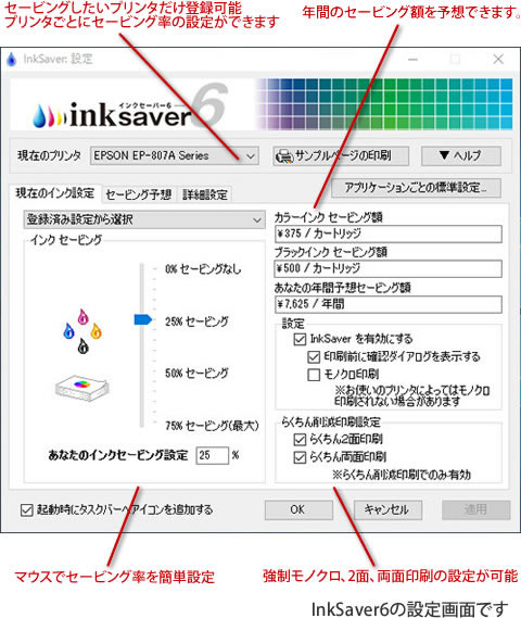 インクの濃度変更はもちろん、モノクロ印刷、2面印刷、両面印刷など、プリンタ毎に設定できます。年間のセービング額の予想も可能です。