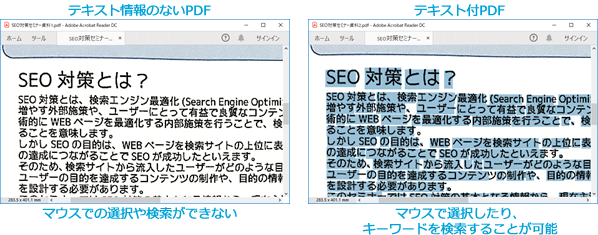 テキスト情報のないPDFとテキスト付きPDFの見本画像