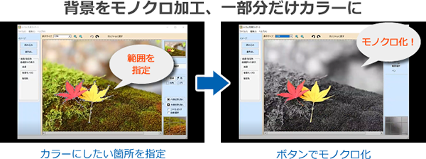 背景モノクロ加工、一部分だけカラーに！
