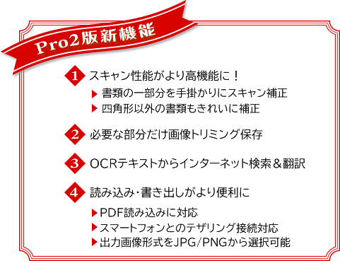 Pro2版新機能：スキャン性能がより高機能に！必要な部分だけ画像トリミング保存！OCRテキストからインターネット検索&翻訳！読み込み・書き出しがより便利に！