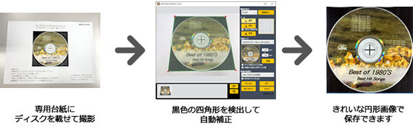 専用台紙にディスクを載せて撮影、黒色の四角形を検出して自動補正、きれいな円形画像で保存できます